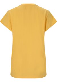 Gul bomulds T-shirt med korte ærmer, rund halsudskæring og en glat tekstur. Simpelt design uden synlige mønstre eller accenter.