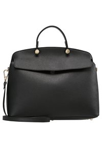 Sac à main en cuir noir texturé avec une anse unique, fermeture à rabat, ferrures dorées et bandoulière détachable sur fond blanc.