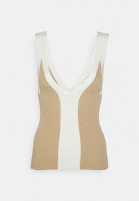 Top senza maniche a maglia con scollatura a V e un motivo a blocchi di colore beige e bianco. Struttura a coste su tutta la superficie.