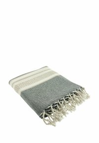 Katoenen dekentje in grijs met witte strepen en franjes. Heeft een textuurweefsel en een decoratief gestikt patroon.