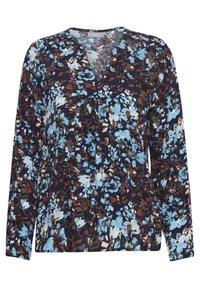 Blusa floreale a maniche lunghe con scollo a V, caratterizzata da uno sfondo blu scuro, fiori blu e marroni, e una vestibilità comoda. Tessuto morbido.