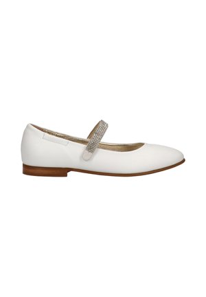 Witte leren platte Mary Jane schoen met een houten zool en een fonkelend strassbandje over de wreef.