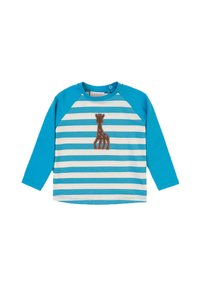 Camicia a maniche lunghe blu e bianca a righe con scollatura rotonda e un'applicazione di giraffa marrone al centro. Tessuto morbido, design casual.
