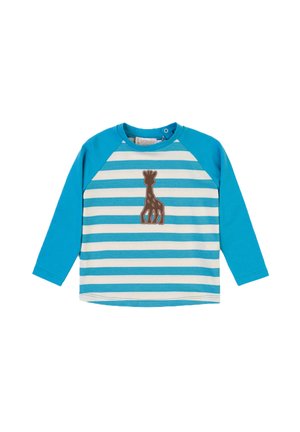 Blau-weiße gestreifte Langarmbluse mit Rundhalsausschnitt und einer braunen Giraffenapplikation in der Mitte. Weicher Stoff, lässiges Design.