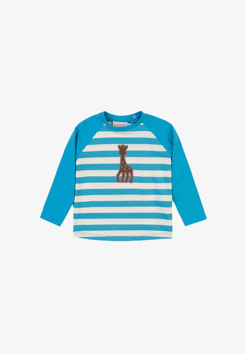 Blau-weiße gestreifte Langarmbluse mit Rundhalsausschnitt und einer braunen Giraffenapplikation in der Mitte. Weicher Stoff, lässiges Design.