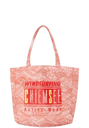 Pink tote bag with kangaroo pattern, red "WINDSURFING CHIEMSEE" text, and "Active Wear" slogan below, featuring two shoulder straps.