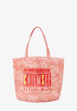 Pink tote bag with kangaroo pattern, red "WINDSURFING CHIEMSEE" text, and "Active Wear" slogan below, featuring two shoulder straps.