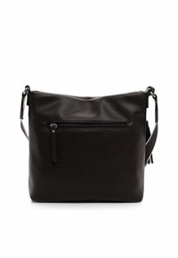 Black leather shoulder bag with a textured finish, featuring a top zipper and front zip pocket. Adjustable strap for easy carrying.