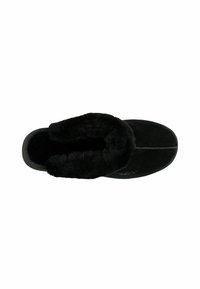 Czarne zamszowe klapki z miękkim futerkiem, okrągłym noskiem i przeszyciem. Prosty i wygodny design do użytku wewnętrznego.