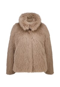 Veste en fausse fourrure beige avec un large col, présentant un extérieur texturé et duveteux ainsi qu'une coupe ample. Pas de fermetures visibles ni de motifs.