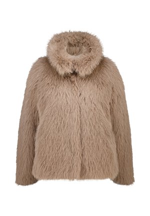 Beige nepbontjas met een brede kraag, voorzien van een gestructureerde, fluffige buitenkant en een losse pasvorm. Geen zichtbare sluitingen of patronen.