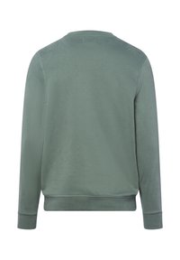 Grüner Baumwoll-Sweatshirt mit rundem Halsausschnitt, langen Ärmeln und gerippten Bündchen. Die Rückseite ist schlicht mit einer glatten, weichen Textur.