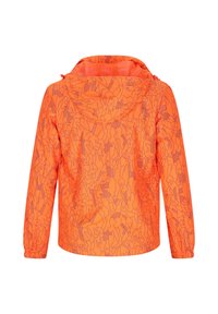 Giacca arancione brillante con un motivo geometrico in tonalità più chiare. Presenta un cappuccio, polsini elasticizzati e una vestibilità rilassata. Realizzata in materiale leggero.