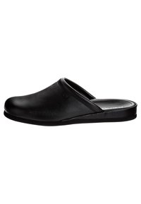Sorte slip-on klipklapper lavet af glat syntetisk materiale, med en rund tå, lav hæl og minimalistisk design uden synlig hardware.