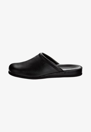 Sorte slip-on klipklapper lavet af glat syntetisk materiale, med en rund tå, lav hæl og minimalistisk design uden synlig hardware.