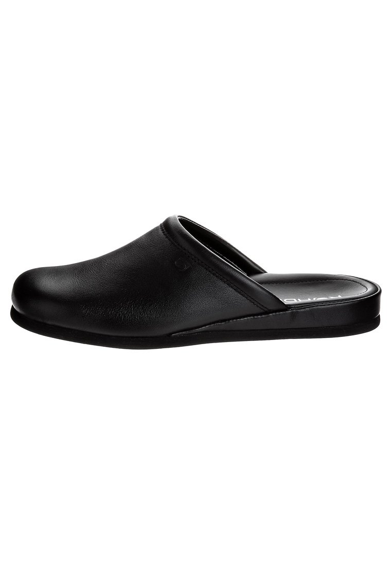 Sorte slip-on klipklapper lavet af glat syntetisk materiale, med en rund tå, lav hæl og minimalistisk design uden synlig hardware.