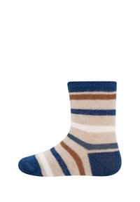 Stripete sokker med en ribbet blå mansjett, hovedsakelig beige med brune og blå striper, med forsterket tå og hæl for holdbarhet.