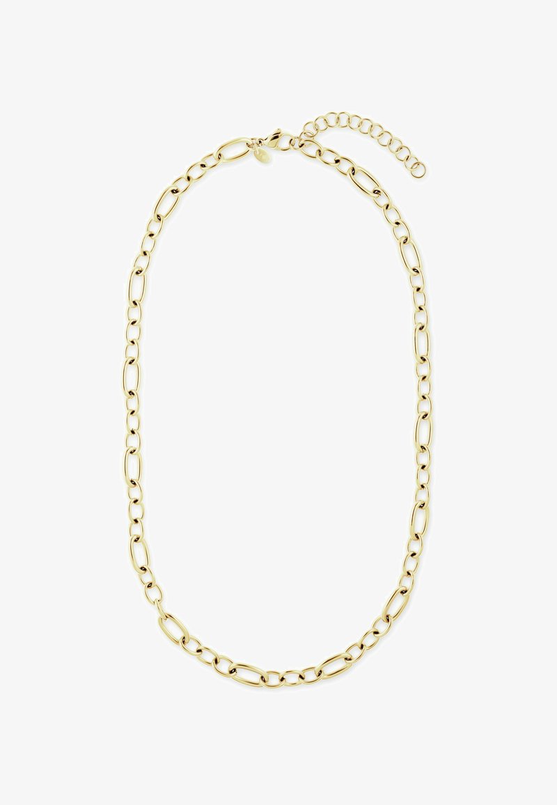 Goldfarbene Gliederkette mit ovalen und runden Kettengliedern, einem Karabinerverschluss und einer verstellbaren Verlängerungskette zur Längenanpassung.