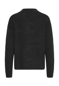 Maglione nero a maniche lunghe in maglia con polsini, fondo e colletto a coste, visto da dietro.