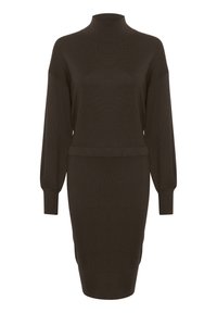 Robe longue en maille marron à manches longues avec col roulé, taille cintrée, poignets côtelés, silhouette longueur genou.