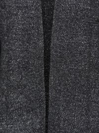 Close-up of dark gray knitted fabric with varying textures and subtle metallic threads running through the yarn.
