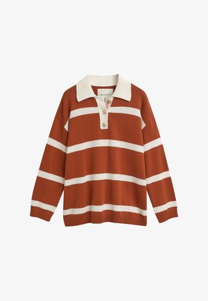 Pullover cor de ferrugem com riscas brancas horizontais, gola canelada e uma casa de botões com dois botões. Textura de tecido suave.