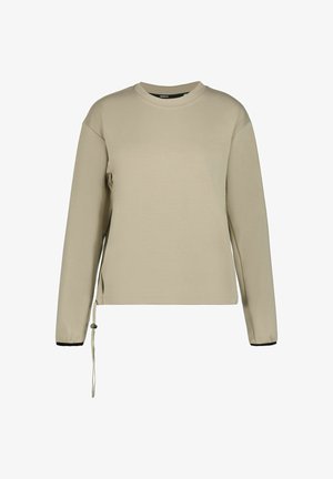 Beige pitkähihaisen collegepaidan pyöreä pääntie, sivussa kiristysnyöri ja hihansuissa kontrastiväriset mustat yksityiskohdat. Sileä pinta.