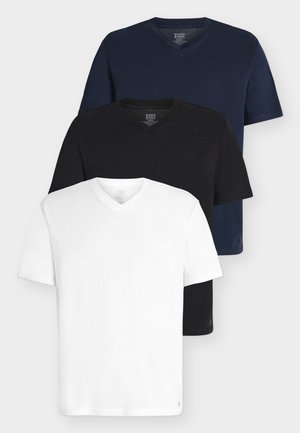 Drie v-hals t-shirts in wit, zwart en navy. Gemaakt van katoen, korte mouwen, standaard pasvorm, met een klein logo op de zoom.