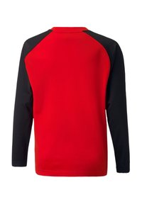Langarmshirt mit rotem Körper und schwarzen Raglanärmeln, mit Rundhalsausschnitt und glattem, leichtem Stoff.