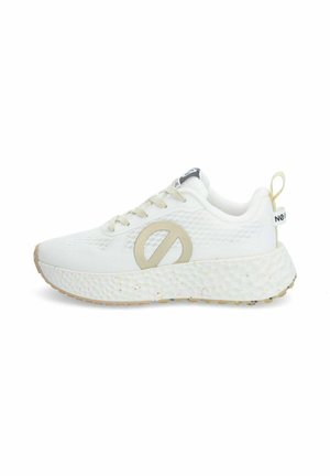White athletic shoe with a textured upper, beige logo, and a speckled midsole. Features a pull tab at the heel and light laces.