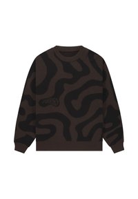 Pull marron en maille avec motif tourbillon abstrait noir, col rond, poignets et ourlet côtelés. Présente un petit logo discret à l'avant.