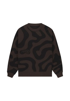 Barna kötött pulóver fekete, absztrakt spirálmintával, környakú, bordázott mandzsettákkal és szegéllyel. Elöl egy kis, diszkrét logó található.