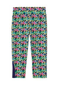 Kleurige leggings met een sterrenpatroon in roze, groen en blauw op een marineblauwe achtergrond, met een textuur aan de zijkant voor extra detail.