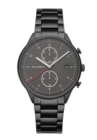 Black stainless steel watch with a matte gray dial, three subdials, silver hands, red accent, and date display at 4 o'clock.