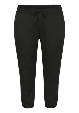 Sorte joggerbukser med snøre i livet, tapered ankelmanchetter og et subtilt tekstureret mønster. Stoffet ser blødt og let ud.