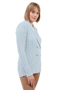 Ljusblå, stickad cardigan med flätstickad design, dubbelknäppning och ribbade ärmslut, sedd från sidan.