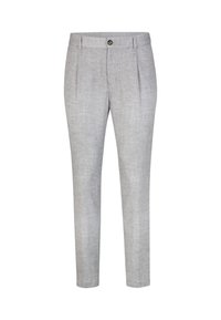 Pantaloni grigi chiari su misura realizzati in tessuto testurizzato, con chiusura a bottone singolo, pieghe e gambe affusolate.