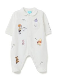 Romper bianco per bambino con personaggi di Winnie the Pooh ricamati, api e testo che recita "Pooh, dove sei?" e "Sei dolce."