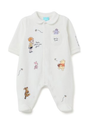 Combinaison blanche pour bébé avec des personnages de Winnie l'Ourson brodés, des abeilles et un texte qui dit "Pooh, où es-tu ?" et "Tu es gentil."