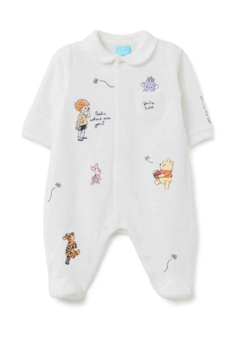 Romper bianco per bambino con personaggi di Winnie the Pooh ricamati, api e testo che recita "Pooh, dove sei?" e "Sei dolce."