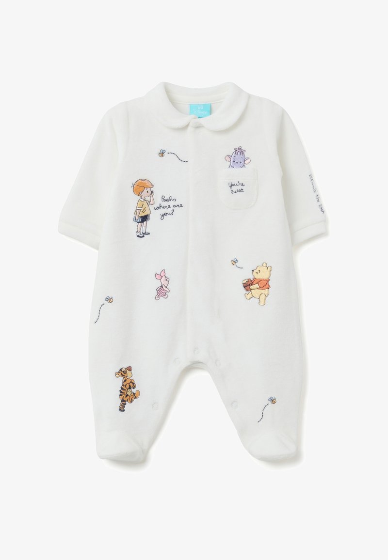 Combinaison blanche pour bébé avec des personnages de Winnie l'Ourson brodés, des abeilles et un texte qui dit "Pooh, où es-tu ?" et "Tu es gentil."