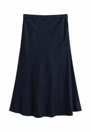 Marineblauwe A-lijn midi rok met een aangesloten tailleband en subtiele zijnaad, weergegeven tegen een witte achtergrond.
