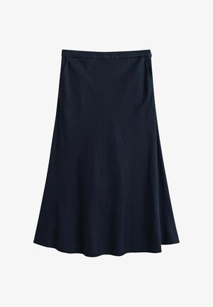 Marineblauer A-Linien-Midirock mit tailliertem Bund und dezenten Seitennähten, auf weißem Hintergrund präsentiert.