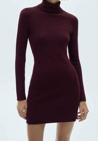 Robe tricotée bordeaux avec un col roulé haut, des manches longues et une silhouette ajustée, présentant une texture côtelée et des détails minimalistes.