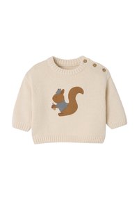 Cremefarbener Strickpullover für Babys mit einem braunen Eichhörnchen, das eine Eichel hält und einen blauen Schal sowie eine Mütze trägt. Der Pullover hat drei Knöpfe an der Schulter.