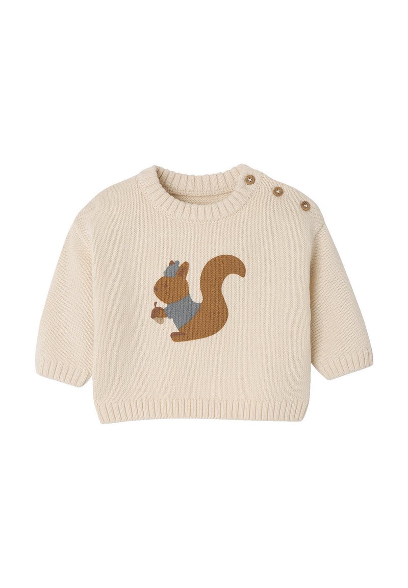Cremefarbener Strickpullover für Babys mit einem braunen Eichhörnchen, das eine Eichel hält und einen blauen Schal sowie eine Mütze trägt. Der Pullover hat drei Knöpfe an der Schulter.