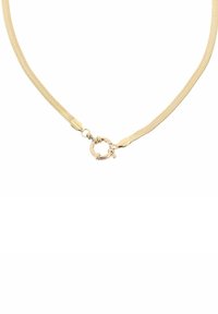 Collana in oro tono con un design a catena liscia e flessibile. Presenta una chiusura rotonda e una texture piatta. Adatta per abbigliamento casual o formale.