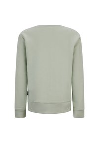 Felpa verde chiaro con maniche lunghe, scollatura rotonda, polsini e orlo a costine, realizzata in tessuto morbido, con un design pulito sul retro.