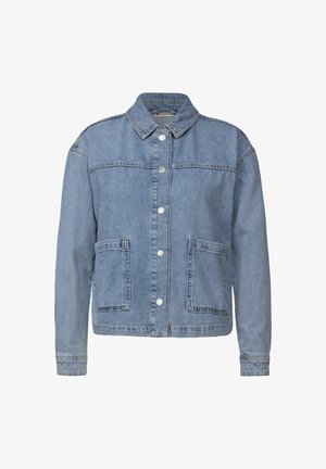 Jasnoniebieska kurtka dżinsowa z zapięciem na guziki, dwoma przednimi kieszeniami i spiczastym kołnierzem. Posiada luźny krój oraz widoczne detale szwów.