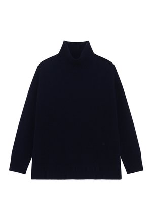 Maglione a collo alto blu navy, realizzato in tessuto a maglia, presenta un colletto alto a coste e polsini a coste. Forma boxy, senza motivi o accenti visibili.
